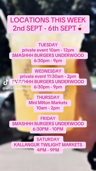 LOCATIONS THIS WEEK✨🥤 TUESDAY private event 10am - 12pm SMASHHH BURGERS UNDERWOOD 6:30pm - 9pm WEDNESDAY private event 11:30am - 2pm SMASHHH BURGERS UNDERWOOD 6:30pm - 9pm THURSDAY Mini Milton Markets 10am - 2pm FRIDAY SMASHHH BURGERS UNDERWOOD 6:30PM - 10PM SATURDAY KALLANGUR TWILIGHT MARKETS 4PM - 9PM #dirtysoda #brisbanecafe #whatspoppin #smallbusiness #locations
