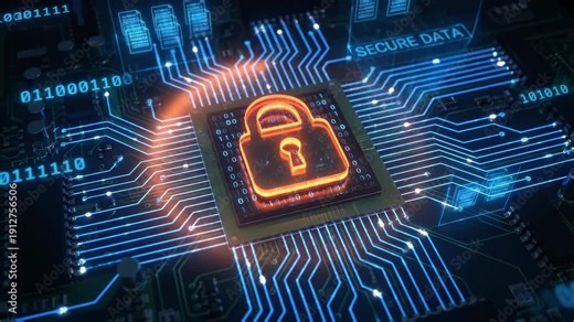 Secure data padlock microchip glowing on motherboard with illuminated circuits representing advanced encryption and protected digital network technology
