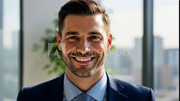 Professional businessman smiling and posing confidently in bright office setting with urban view