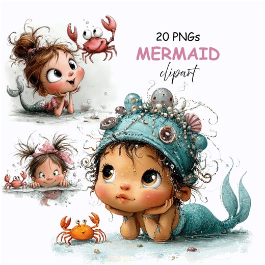 Mermaid Cartoon Clipart: Whimsical Graphics (digital Download - 20 Pngs) - Etsy Hong Kong