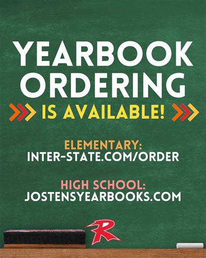 Capture the memories: RCS yearbooks are on sale! 📚 Elementary School: Softcover yearbooks are available for $16 and can be ordered at inter-state.com/order using code 0281HF. 📙 Jr./Sr. High School: The presale price for a Hilltop yearbook is $54 through Dec. 31, 2025; after the first of the year, the regular sale price will be $65. Enhanced personalizations are available for $8 and include your student's name on the cover. Orders can be placed at jostensyearbooks.com or by returning the paper 