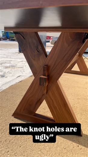 Dust & Wood/ Live Edge Tables/Charcuterie Boards/Bespoke/Design on Instagram: "Leaving the knot holes as they are (other than cleaning them out and sanding them smooth) give a natural feel and look to the table. They do not compromise the integrity or strength of the leg in any way. The only way to really see them would be to get under the table and look up at them. I think they add character to the table and are a natural surprise for anyone who really wants to see how the legs were put togethe