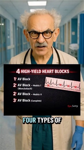 Rude Anatomy on Instagram: "🫀⚡4 HIGH-YIELD HEART BLOCKS Heart blocks aren’t vibes — they’re problems with how electrical signals move from the atria to the ventricles. 🧠 Quick breakdown: • 1° AV block → delayed conduction, all beats get through • 2° AV block (Mobitz I / Wenckebach) → progressive PR prolongation, then a dropped beat (AV node problem) • 2° AV block (Mobitz II) → fixed PR with random dropped beats (His-Purkinje disease ⚠️) • 3° AV block (complete) → no relationship between P wave