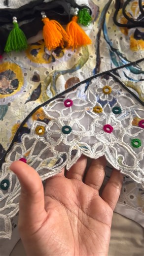 Printed chicken kari with cutwork neck line and hand embroided mirror work Dupatta tie and dye with multi tassels Scalloped cutwork Price 6000 3 pc ready to wear | Gul-E-Nasim