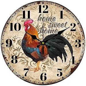 CHGCRAFT 12inch Rooster Vintage Wall Clock Silent Wall Clocks Round Digital Clocks Battery Operated Clock for Home Decor Living Room Kitchen Office