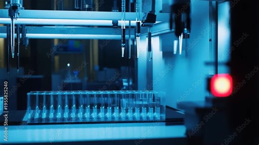 Automated robotic system working on a high throughput liquid handling task, precisely pipetting chemical solutions into multiple sample tubes during research and development