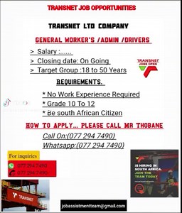 Transnet vacancies,we are In need of 340 applicants to work at our company..apply now
