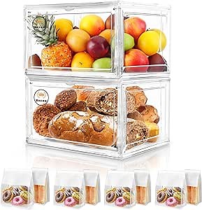 2PCS Bread Box for Kitchen Countertop 14.2 * 10.6 * 7.8in Transparent Bread Storage Container Stackable Bread Bin