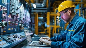 an engineer carrying a laptop A programmable logic controller is in charge of a large, fully automatic machine. Stock Video