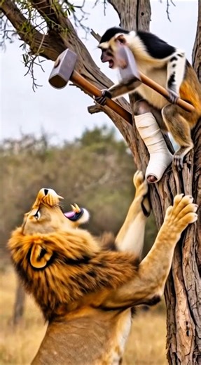 Monkey’s Revenge! 🐒⚒️ Lion Attacked from the Tree! #monkey #animalstory