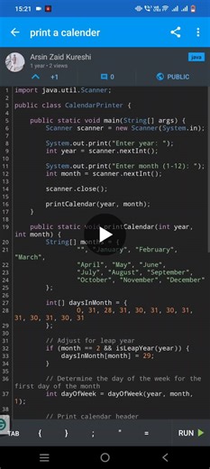 # print a calendar # java programming 💕💖 | Arsin zaid kureshi