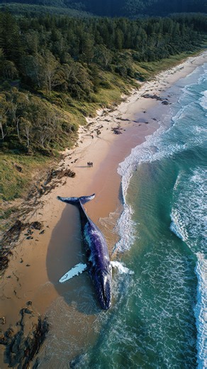 Whale stranded on the shore… A giant whale lies helpless on the coastline. The waves try to pull it back, but its strength is fading. Fishermen, locals, and rescue teams work together — because every second counts. #whalestranding #oceanrescue #nature | Bluetidez