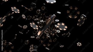 Luxury gold casino chips and dices explode in slow motion to screen