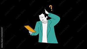 2d animation, cartoon, boy thinking and looking for answer, scratching head, cloud, man isolated on transparent background.