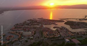Drone view of the Leucate tourist spot on the Mediterranean Sea, southern France, in summer, during the height of the tourist season. A place for families with children
