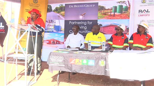 Premier Dr Phophi Ramathuba delivers a speech during the handing over a contractor at Blouberg Municipality in partnership with Vanetia Mine on road D1588. The five-kilometre road project forms part of Road D1589, a route under Roads Agency Limpopo (RAL), stretching from De Vrede to Taaibosch within the Blouberg Local Municipality, in the Capricorn District. This infrastructure development initiative is undertaken in collaboration with De Beers Venetia Mine and reflects a strategic public-privat