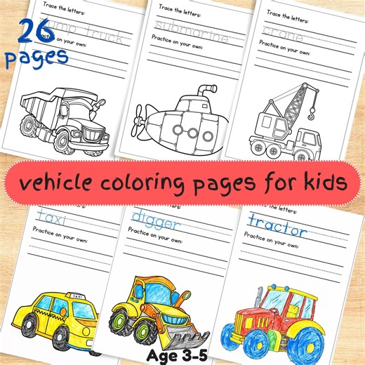 Vehicle Coloring Pages for Kids | Digital Coloring Book | Printable Cars, Trucks & Transportation - Etsy