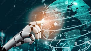 MLP Futuristic robot artificial intelligence revolutionary AI technology development and machine learning concept. Global robotic bionic science research for future of human life. 3D rendering graphic