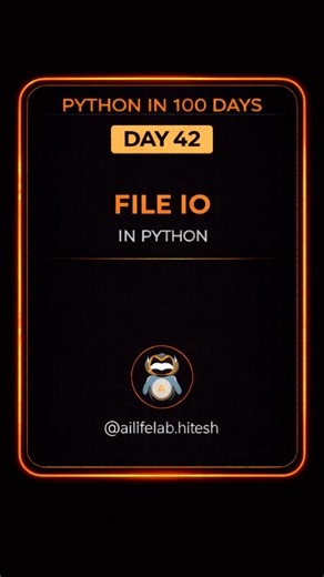 Data Science & AI on Instagram: "Day 42: File I/O in Python Explained Simply Today we learned File I/O (Input / Output) in Python, which allows programs to read data from files and write data to files. In this post, you’ll understand: ✅ What File I/O is ✅ Why file handling is important ✅ How Python writes data to files ✅ A simple working example File I/O is essential when you want to store data permanently, like logs, user input, or results. Follow the series to build strong Python fundamentals 