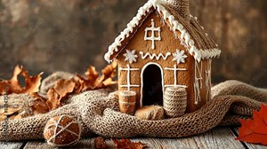 Rustic gingerbread house with natural textures of twine, jute, and wooden details, set on a rough wooden surface with felted wool ornaments. Gingerbread house, New Year, Christmas