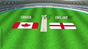 Aerial View of Cricket Stadium with CANADA and England Flags on Ground