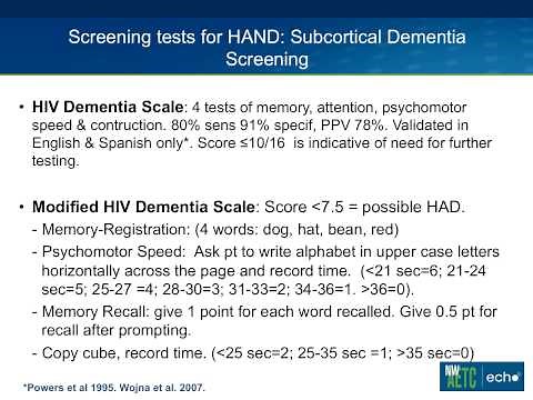 Assessment, Diagnosis and Treatment of HIV--Associated Neurocognitive Disorder - HAND