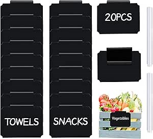 20 Basket Labels Clip On, Reusable Labels for Storage Bins, Removable Chalk Labels for Containers, Kitchen Closet Baskets and Storage Basket Holders with 2 White Chalk Markers