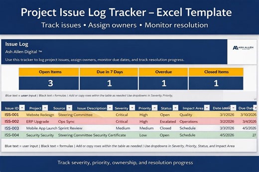 Excel Issue Log Tracker | Project Issue Tracking Template | PMO Issue Register | Issue Management Log - Etsy