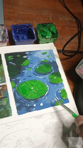 Gouache painting of a beautiful pond with lily pads