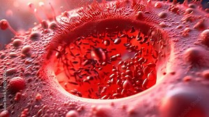 A close-up view of a red blood cell highlights its biconcave shape and textured surface, surrounded by a luminous background and various blood components, illustrating biological activity.