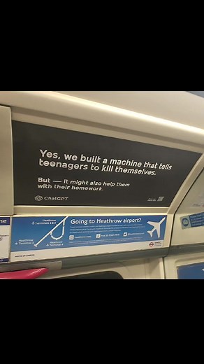 Spotted on the tube You can download a printable copy of this poster from my website (link in bio) The QR code links to the wikipedia article 'Deaths Linked to Chatbots' which lists most of the court cases where AI chatbots have either been a primary cause or aggravating factor in dozens of suicides, murders, mass-shootings & other fatalities. We only heard about these cases because of the deaths, chatbots are suggesting dangerous and senseless things to people all the time, playing