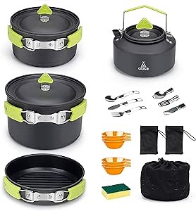 Alocs Camping Cookware, Non-Stick Large Camping Cooking Set with Kettle, Camp Kitchen Camper Must Haves for Outdoor Camping Hiking Picnic