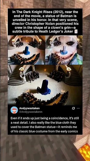 In The Dark Knight Rises (2012), near the end of the movie, a statue of Batman is unveiled in his