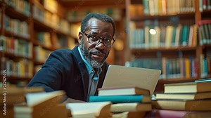 A distinguished gentleman surrounded by books papers and a laptop in a library eagerly taking notes during an online workshop on technology.