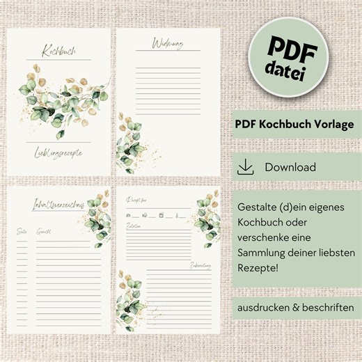 PDF Kochbuch Vorlage | Rezeptbuch Vorlage zum Ausdrucken | Familienrezepte Vorlage DIY | Canva Vorlage deutsch | Geschenkidee Hochzeit - Etsy.de
