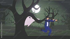 2d animation of a scared, frightened man running away from a ghost in spooky forest