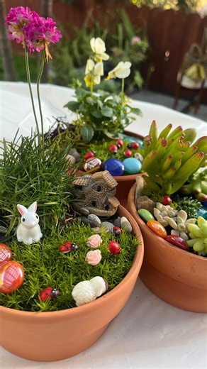 Last weekend we had a lot of fun making little fairy gardens for Casey’s 6th birthday party. These tiny gardens could become my new obsession, and can be made on a super tight budget with found objects and plants, or with some added oomph from tiny treasures (I found mine on Amazon). Casey made an alpine version, featured here, and I made a succulent version. Next I might have to try a tiny tropical terrarium, or even an underwater world. The possibilities are endless. I’m planning a full video 