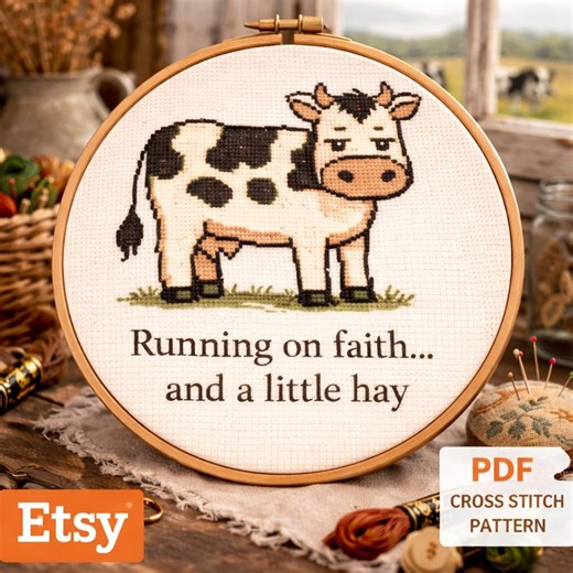 Funny Cow Cross Stitch Pattern PDF, Christian Farmhouse Decor, Running on Faith Quote, Easy Animal Embroidery, DIY Beginner Pattern - Etsy