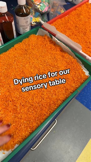 28K views · 155 reactions | Coloring rice for our sensory table  25 lb bag from Costco for $13 → scoop into zip bags, add liquid watercolor + a little vinegar, seal and shake. When the color spreads, dump onto a tray to dry—done. Today’s batch: red, orange, yellow, and brown for fall! | Preschool Vibes | Facebook