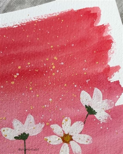Bronwyn Royce on Instagram: "I love this combination of watercolours and gouache, and how the white daisies pop against the background. I added a little sparkle too ✨ 🩷💛 . Brush:@princetonbrush Aqua Elite 10 round Paper: @st.cuthberts.mill Bockingford 300gsm cp Paint: @winsorandnewton watercolours and @artezaofficial gouache . . . #watercolorpainting #gouachepainting #pigmentsart watercolor daisy painting, gouache floral illustration, watercolor gradient background, mixed media flower art, spr
