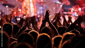 Night concert crowd raise and clap their hands in front of stage lights