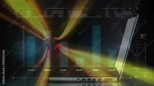 Animating bar chart and data analysis over laptop keyboard in office setting