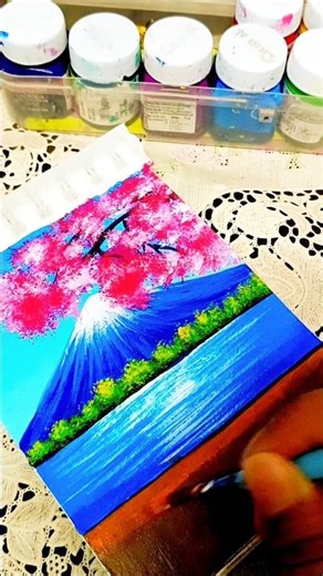 How to paint Mt. Fuji with cherry tree🌿🌸#shorts