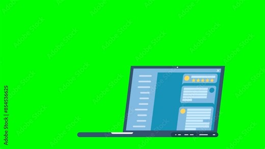 An open laptop is in the center of the screen. Correspondence is ongoing, messages appear on the screen. Front view - with the screen facing the viewer. 2d flat animation. Alpha channel. Chroma key