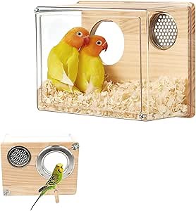 Parakeet Nesting Box for Cage, Transparent Acrylic Bird Nesting Box Bird Nest Clear Design, Bird House with Perch Breeding Box with Wood for Lovebird, Parakeet,Budgie, Parrot