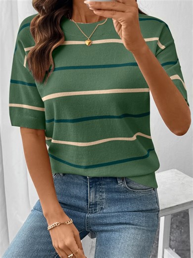 Soft stripes for Spring. 🧶🌸 So comfy and versatile. This knit tee is the perfect base layer for your 2026 transitional outfits.#springfashion #tshirt #januarysales #tiktokshopjumpstartersale #womenclothing
