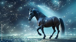 A unicorn is standing in front of a galaxy of stars and numbers. The image has a dreamy, whimsical feel to it, with the unicorn being the focal point of the scene
