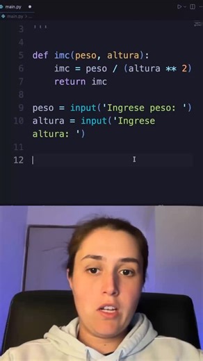 Programa con Mica on Instagram: "Calculadora de IMC con pyhton def calcular_imc(peso, altura): imc = peso / (altura ** 2) return imc peso = input(‘Ingresa tu peso en kilogramos:’) altura = input(‘Ingresa tu altura en metros:’) icm = calcular_imc(peso, altura) print(f’Tu IMC es: {icm:.2f}’) Explicación: La función calcular_imc toma el peso en kilogramos y la altura en metros para calcular el Índice de Masa Corporal (IMC) usando la fórmula IMC = peso / (altura^2). Luego, se solicita al usuario que