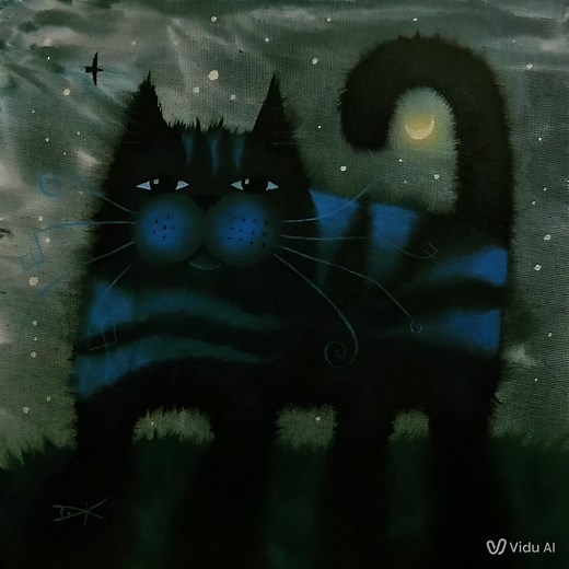 Here's an AI animation of one of my cat paintings. The first try had him move his head weirdly and his eyes way too open so I changed the text and said to not move the head. : "Have furry cat's hair blowing a little in the breeze. Have cat's eyes blinking a bit. Do not alter cat's shape or move the head. Animate cat's tail slightly. Have crescent moon shimmering and have pulsing glow. Have the small crow in sky flying towards the right. Have grass blowing in breeze. Have background wispy sky ani