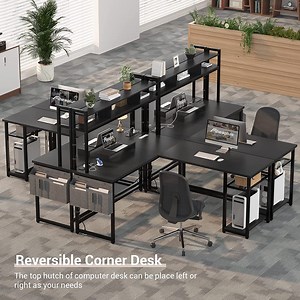 Homieasy L Shaped Desk with Power Outlet, LED Strip, Storage Shelf, Monitor Stand and Hutch, Black